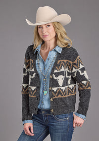 Stetson Women's Vintage Steer Head Cardigan in Charcoal