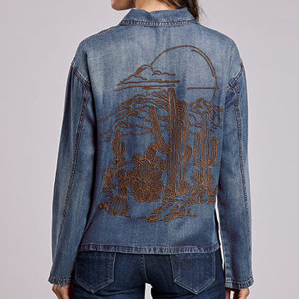 Stetson Women's L/S Embroidered Western Denim Half Snap Pullover