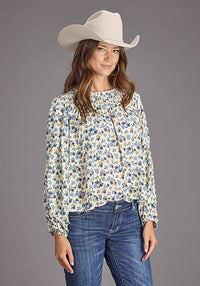 Stetson Women's Field Flowers Peasant Blouse in Cream & Blue