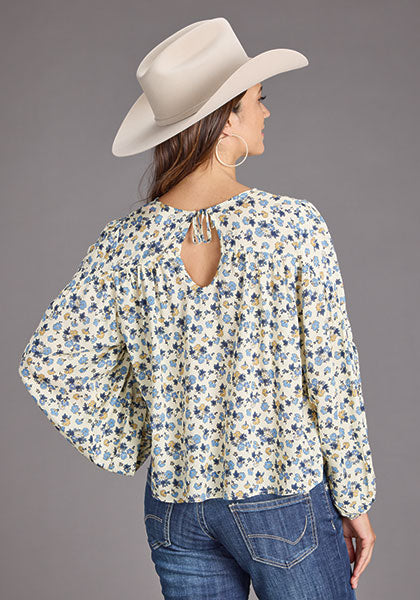 Stetson Women's Field Flowers Peasant Blouse in Cream & Blue