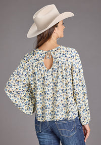 Stetson Women's Field Flowers Peasant Blouse in Cream & Blue