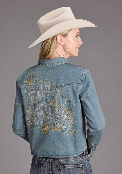 Stetson Women's L/S Embroidered Denim Crop Blouse in Light Wash