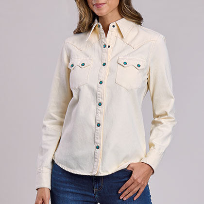 Stetson Women's L/S Turquoise Snap Western Denim Snap Shirt in Cream