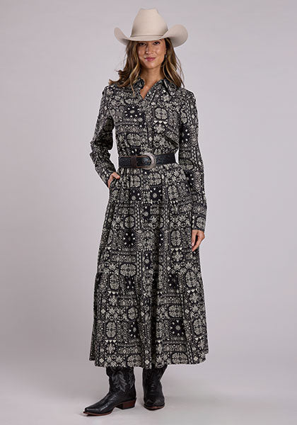 Stetson Women's L/S Bandana Patchwork Tiered Maxi Dress in Black