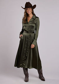 Stetson Women's L/S Satin Maxi Dress in Olive