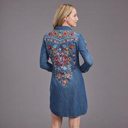 Stetson Women's Lavish Embroidered Denim Western Shirt Dress in Dark Wash