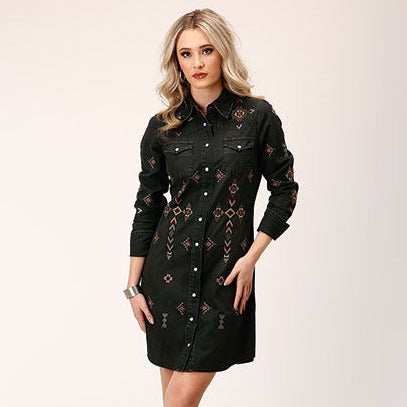 Stetson Women's Denim Black Embroidered Snap Shirt Dress