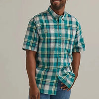 Wrangler Men's Rugged Wear Short Sleeve Button Down Shirt- Variable Teal