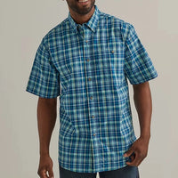 Wrangler Men's Rugged Wear Short Sleeve Button Down Shirt- Deep Sea Blue
