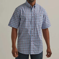 Wrangler Men's Rugged Wear Plaid Short Sleeve Button Down Shirt- Picnic Blue