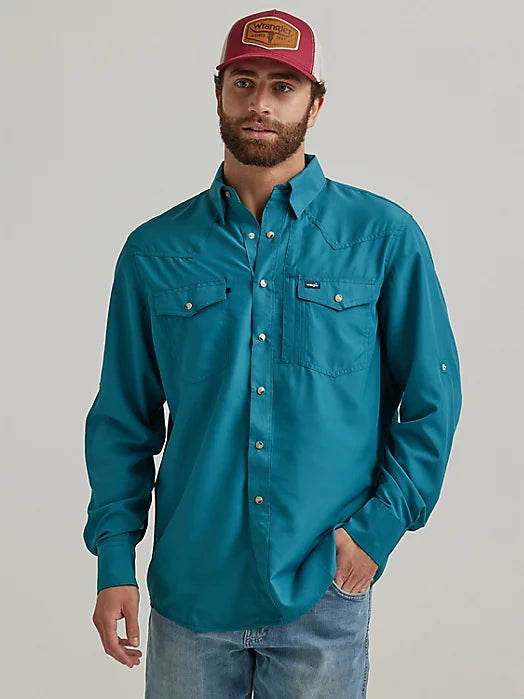 Wrangler Men's L/S Solid Teal Performance Western Snap Shirt