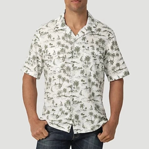 Wrangler Men's Coconut Cowboy Short Sleeve Camp Shirt-Palmetto White