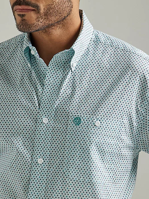 Wrangler Men's George Strait Short Sleeve Button Down Shirt- Aqua Board