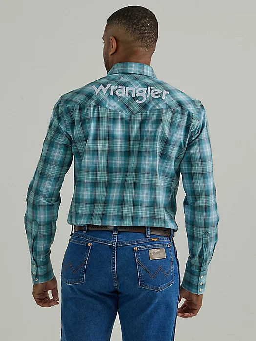 Wrangler Men's Logo Long Sleeve Western Snap Shirt- Larkspur
