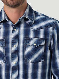 Men's Wrangler Retro Premium Long Sleeve Western Snap Plaid Shirt- Indigo