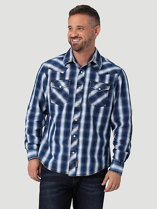 Wrangler Retro Men's Premium Long Sleeve Western Snap Plaid Shirt- Indigo