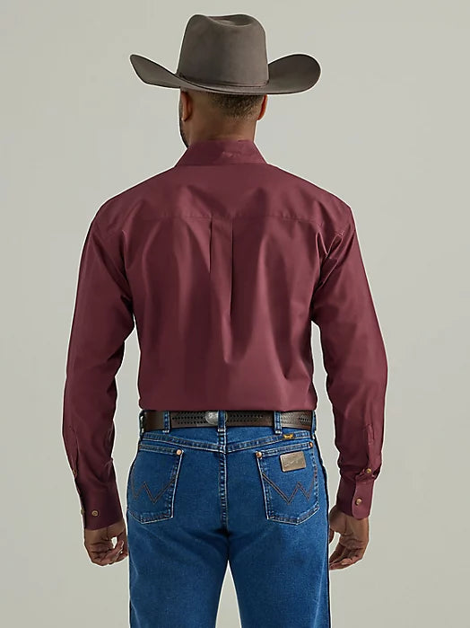 Wrangler Men's George Strait Long Sleeve One Pocket Button Down Solid Shirt- Violet Wine