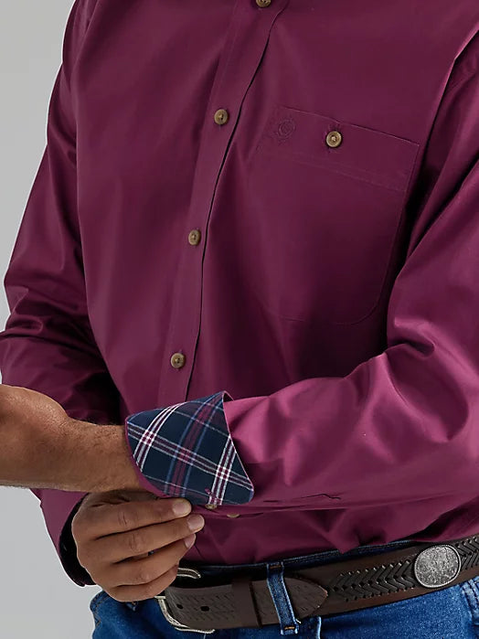 Wrangler Men's George Strait Long Sleeve One Pocket Button Down Solid Shirt- Violet Wine