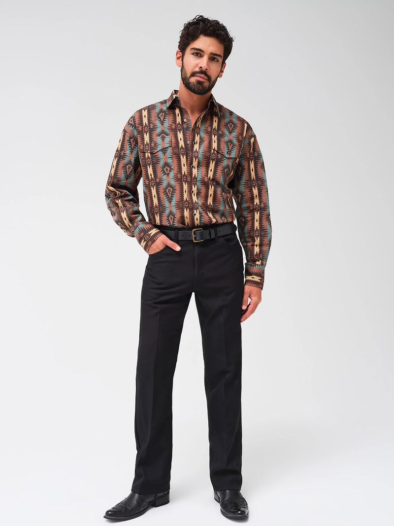 Wrangler Men's Checotah Long Sleeve Western Snap Shirt in Chocolate Brown