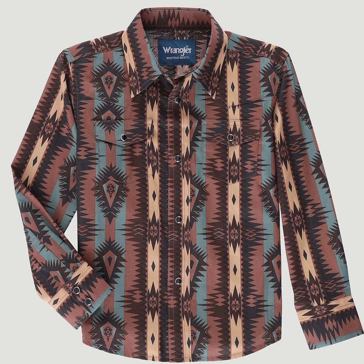 Wrangler Boy's Checotah L/S Western Snap Shirt in Chocolate Brown
