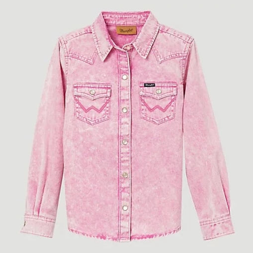 Wrangler Youth Girl's Vintage Inspired Long Sleeve Western Snap Workshirt in Pink
