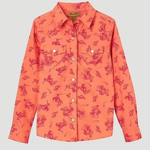 Wrangler Youth Girl's Long Sleeve Cowgirl Horse Print Western Snap Shirt in Orange