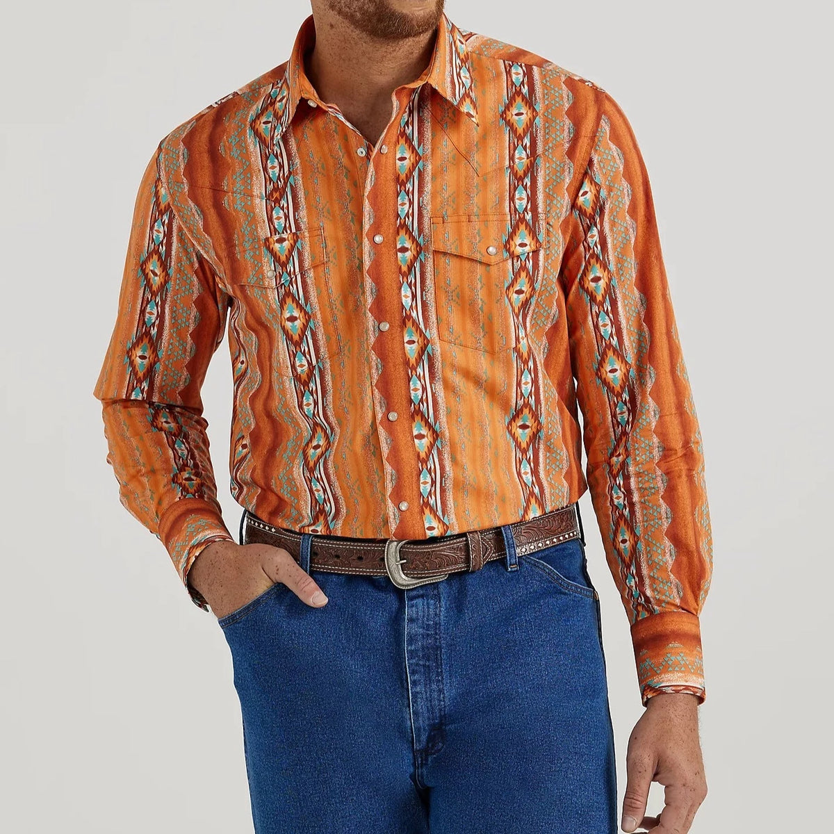 Wrangler Men's Checotah Long Sleeve Western Snap Shirt in Southwestern Rust