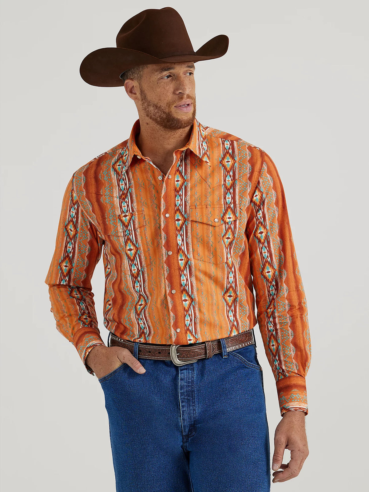 Wrangler Men's Checotah L/S Western Snap Shirt in Southwestern Rust