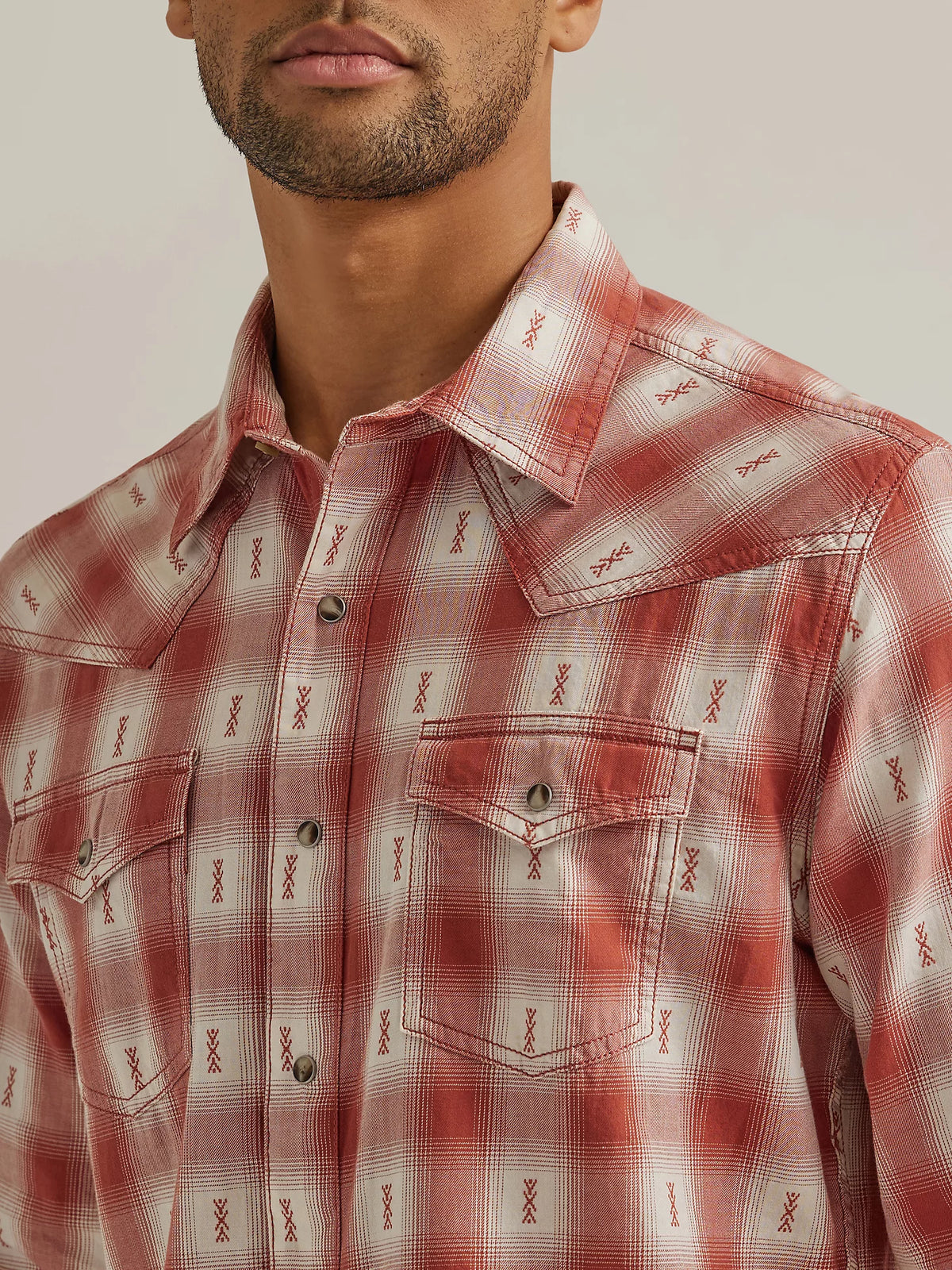 Men's Wrangler Retro Premium Southwestern Plaid Western Snap Shirt in Rust