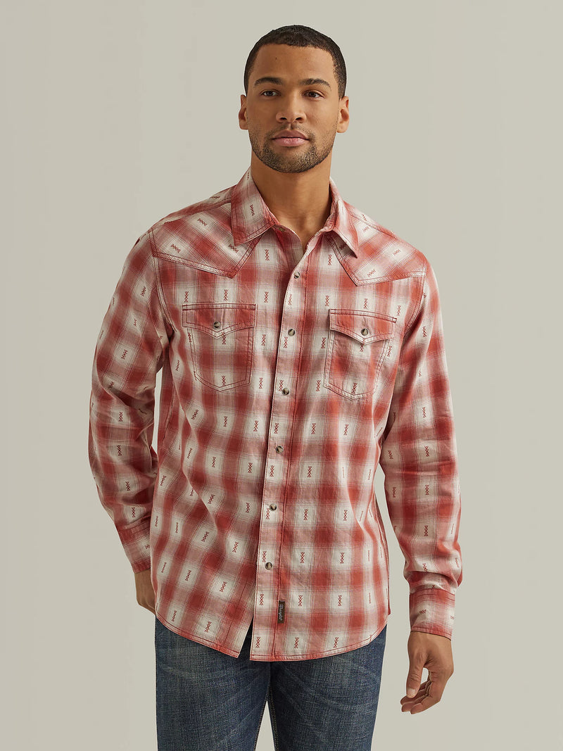 Men's Wrangler Retro Premium Southwestern Plaid Western Snap Shirt in Rust