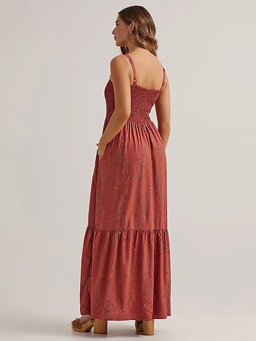 Wrangler Retro Women's Smocked Bodice Maxi Dress in Rust