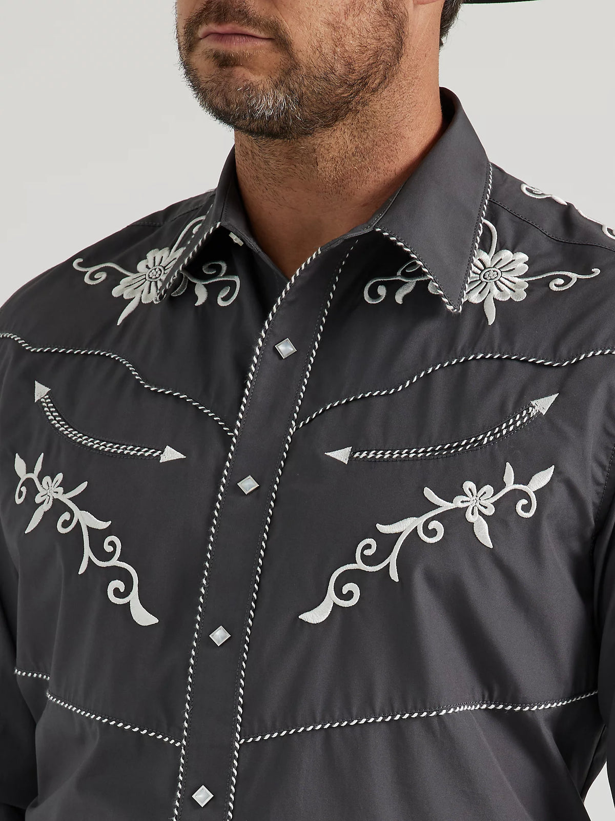 Wrangler Men's Rodeo Ben Long Sleeve Western Snap Shirt in Embroidered Grey