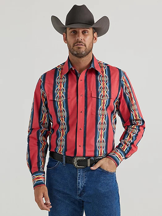 Wrangler Men's Checotah L/S Western Snap Shirt in Red Flame