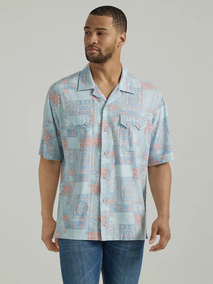 Wrangler Men's Coconut Cowboy Snap Front Camp Shirt in Blue Bandana