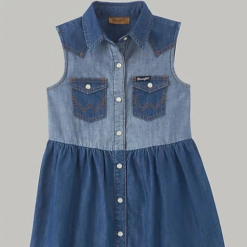 Wrangler Girl's Contrast Wash Denim Western Shirt Dress in Blue