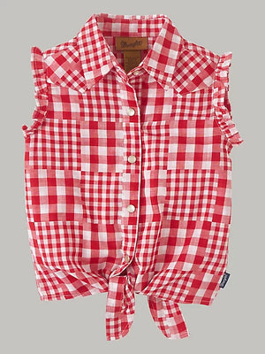 Wrangler Girl's Sleeveless Picnic Tie Front Shirt in Red