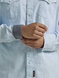 Wrangler Retro Men's Premium Western Snap Shirt in Solid Blue Weave