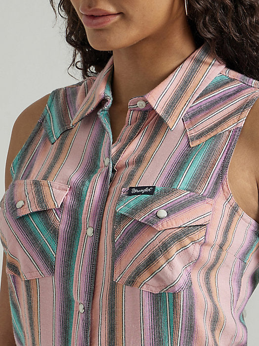 Wrangler Retro Women's Sleeveless Striped Western Snap Shirt in Southwest Peach