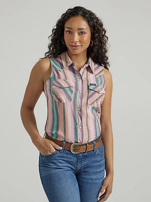 Wrangler Retro Women's Sleeveless Striped Western Snap Shirt in Southwest Peach