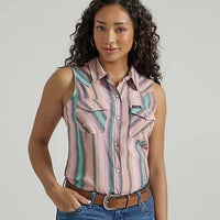 Wrangler Retro Women's Sleeveless Striped Western Snap Shirt in Southwest Peach