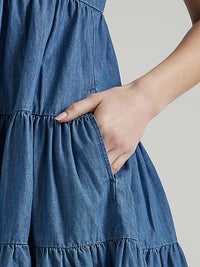 Wrangler Women's Denim Strappy Tiered Mini Dress in Blue Denim