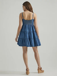 Wrangler Women's Denim Strappy Tiered Mini Dress in Blue Denim