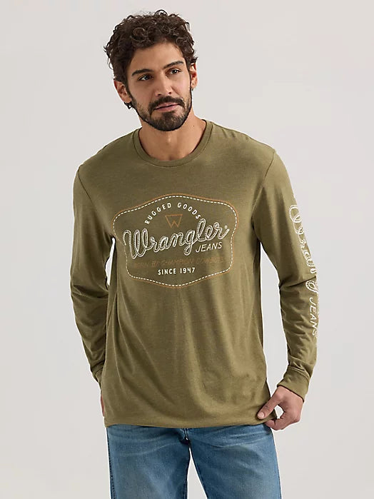 Wrangler Men's L/S Rope Arm Logo Graphic T-Shirt in Burnt Olive Heather