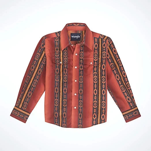 Wrangler Boy's L/S Checotah Western Snap Shirt in Rusty Orange