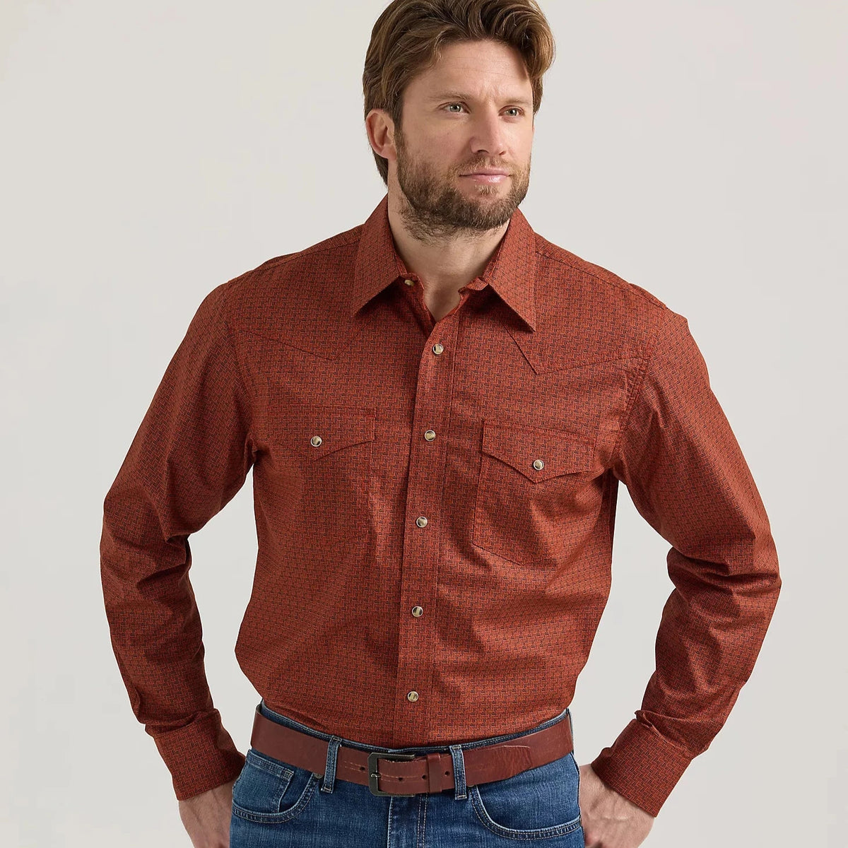 Wrangler Men's L/S 20X Competition Western Snap Shirt in Burnt Umber Hatch