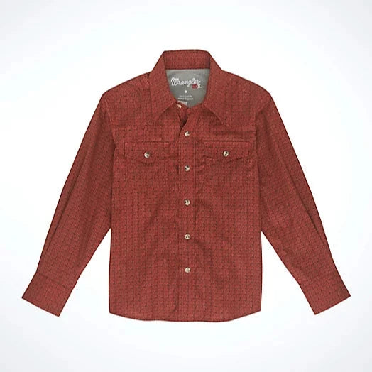 Wrangler Boy's 20X Advanced Comfort L/S Western Snap Shirt in Burnt Umber Hatch