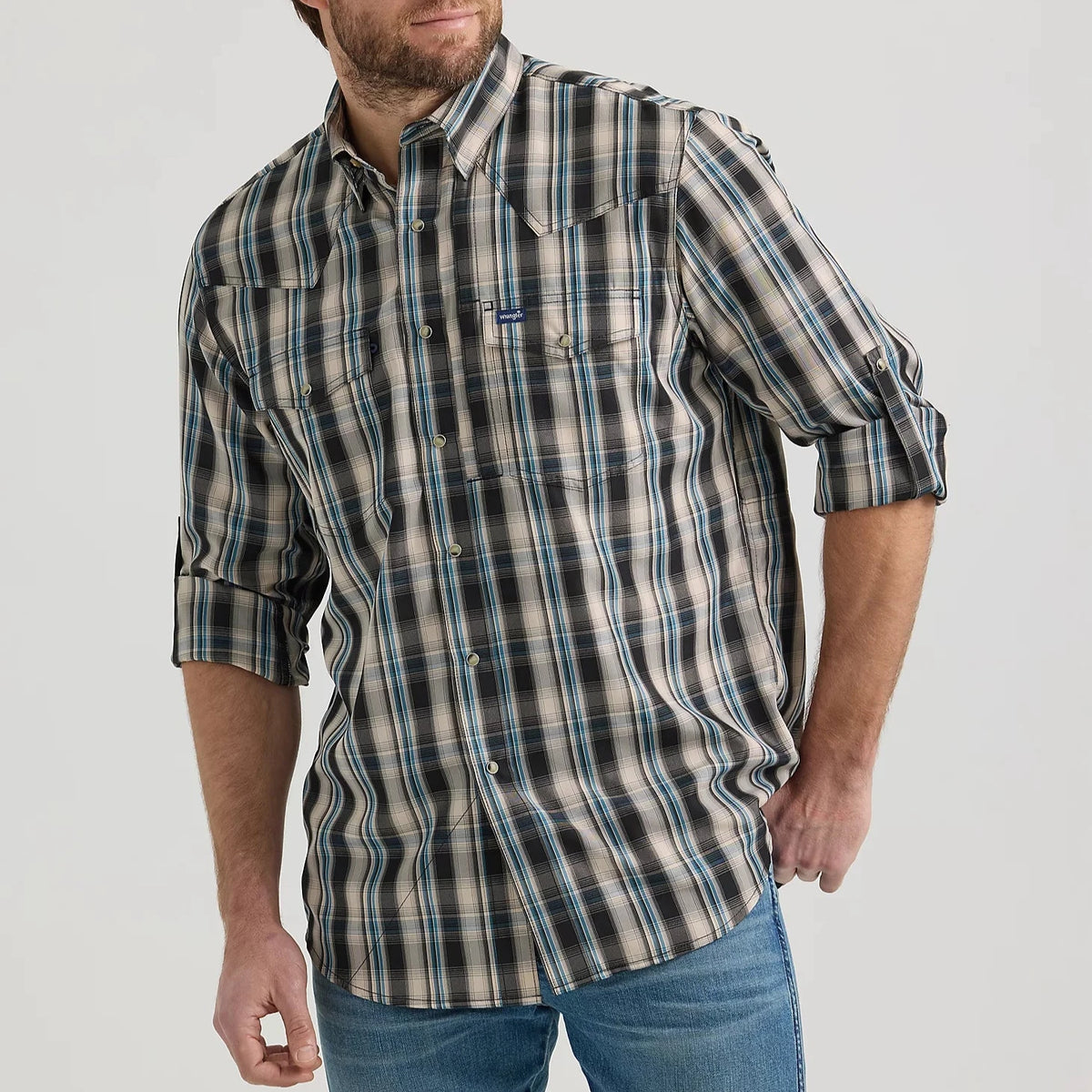 Wrangler Men's L/S Plaid Performance Western Snap Shirt in Tan & Black