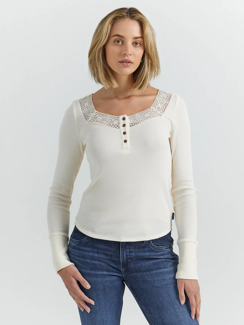 Wrangler Retro Women's Lace Waffle Henley in Cream