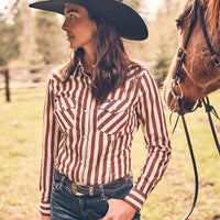 Wrangler Retro Women's L/S All Occasion Western Snap Shirt in Burgundy Stripe