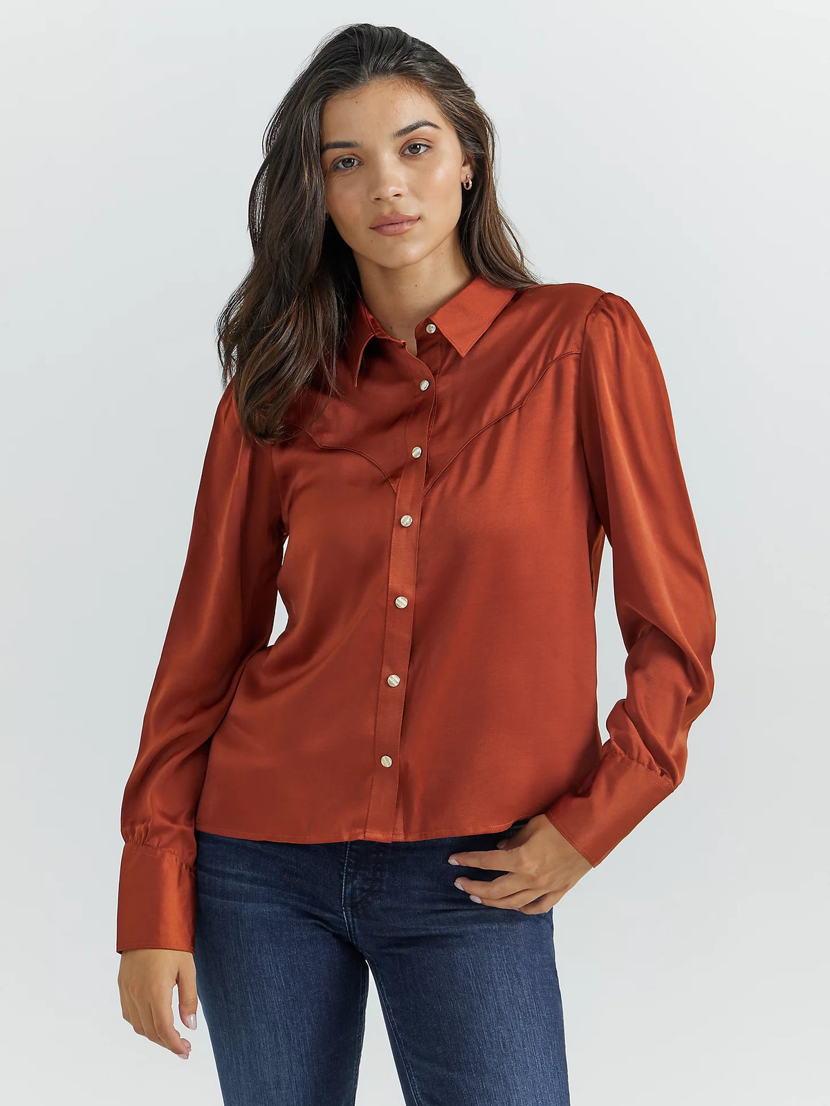 Wrangler Retro Women's Satin Rodeo Blouse in Burnt Orange